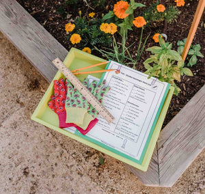 A garden scavenger hunt, some garden gloves, a ruler, and a pencil.