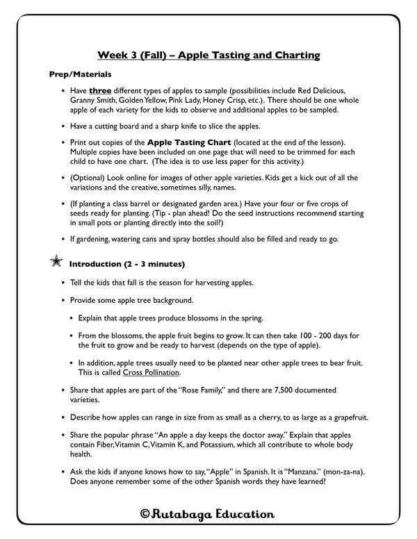 A photo of a page within a book that shows the organization of a lesson plan within the book. This lesson is about Apple Tasting and Charting.