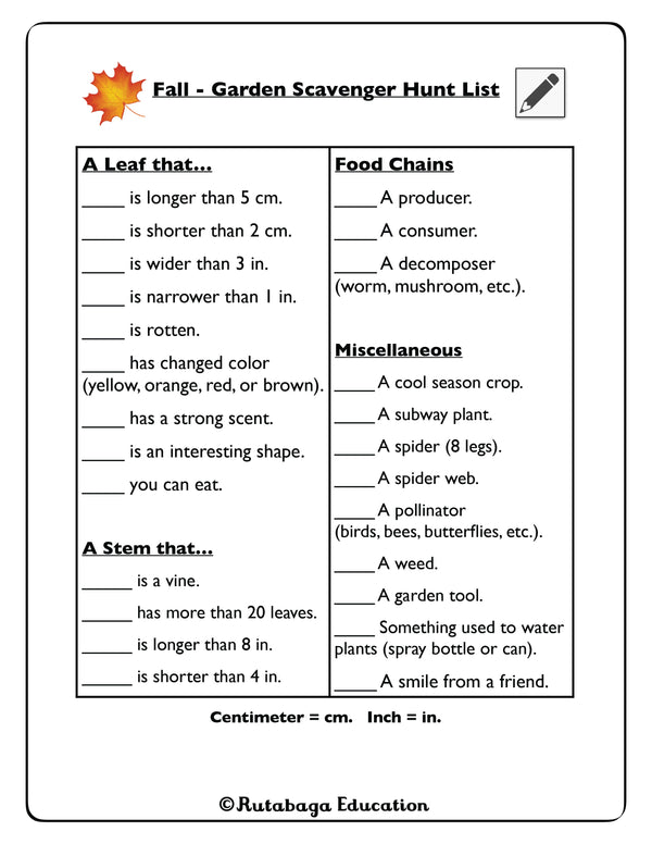 An image from a page in the fall book that shows a Fall Garden Scavenger Hunt.