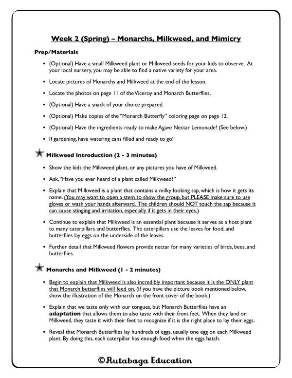 A photo of a page within a book that shows the organization of a lesson plan. This lesson is about Monarchs, Milkweed, and Mimicry.