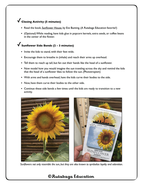 A page from the book that shows a large sunflower as well as sunflower seed packets.