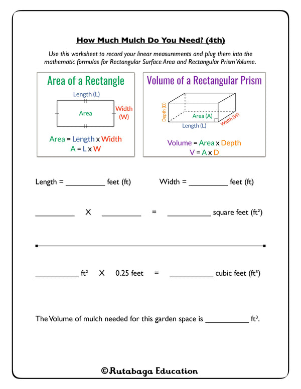 A worksheet included in the book that requires students to use math to determine how much mulch they'll need for their garden bed.