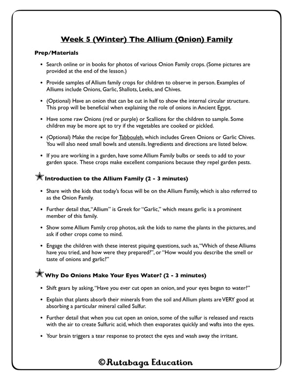 The first page of a lesson titled, "The Allium (Onion) Family."