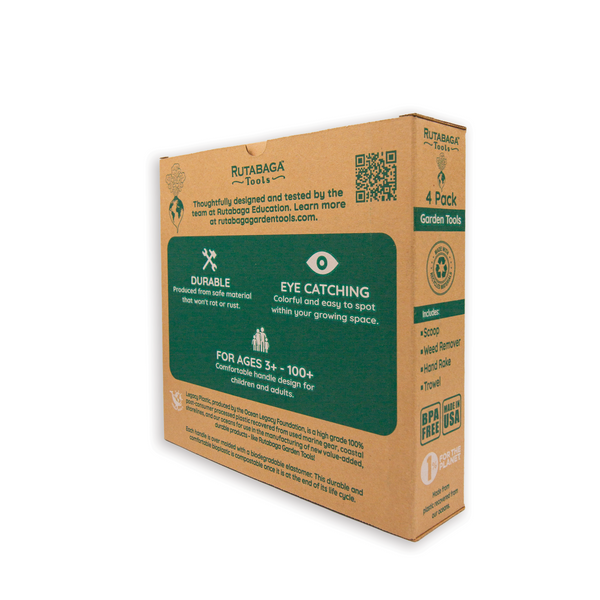 A photo of Rutabaga Garden Tool four pack in the packaging box that is made of cardboard with green detail. This photo shows the tools and the back side of the box.