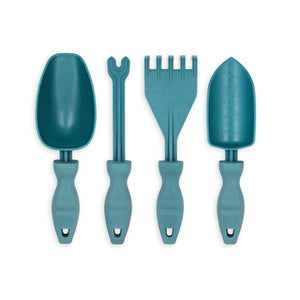The four Rutabaga Garden Tools, a scoop, weed remover, hand rake, and trowel, on a white background. The blue colored tools are made from recycled end of life marine rope.
