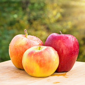 A close-up of three ripe apples sitting on an outdoor table.