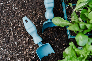 Two Rutabaga Garden Tool trowels digging in the soil next to lettuce seedlings.