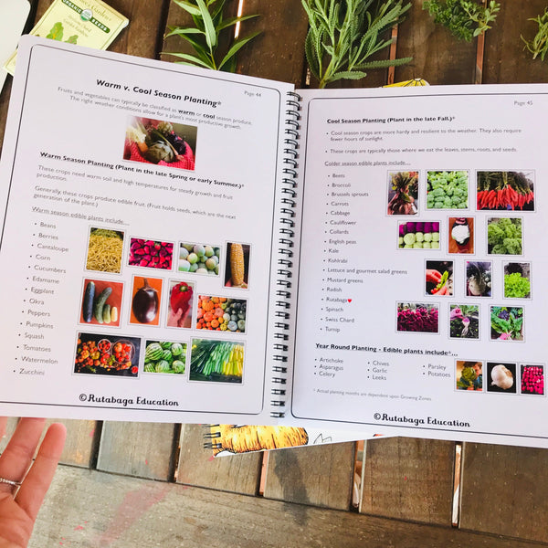 A photo taken of two pages in the book that show the fruits and vegetables you grow in the appropriate seasons.