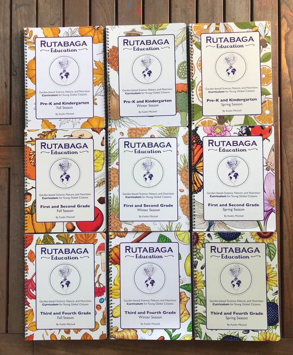 All nine Rutabaga Education Curriculum books pictured together.