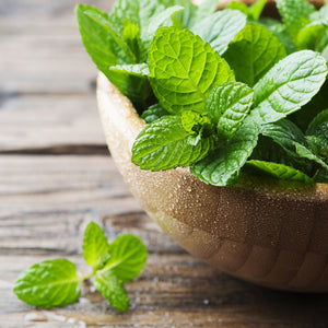 A close up shot of fresh mint leaves in a bowl.