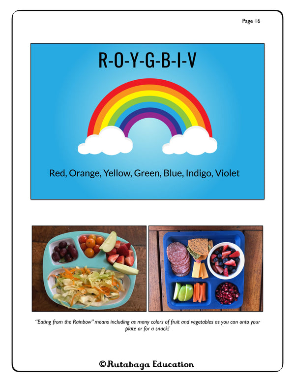 Images from the lesson Eat from the Rainbow. There is an illustration of a rainbow and two plates of food with fruits and vegetables of various colors.