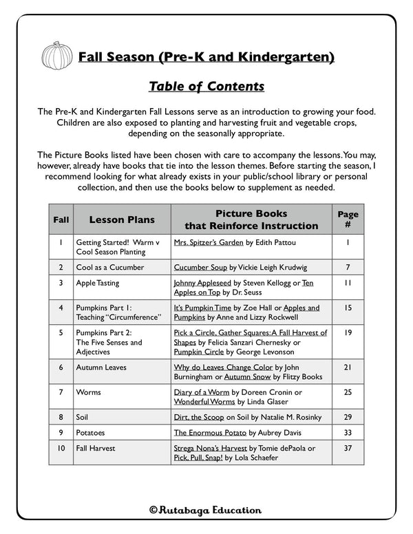 The Table of Contents of the Fall Pre-K and Kinder book.