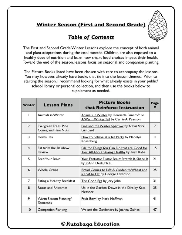 An image that shows the table of the contents of the winter season Rutabaga Education Curriculum book for First and Second Grade.