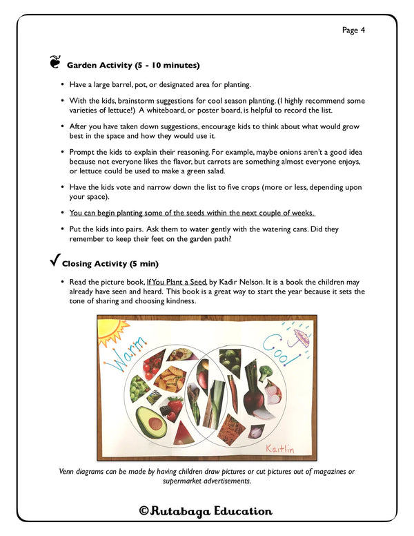 Some text and a photo showing an activity where students create Venn Diagrams with crops and whether they grow in warm or cool seasons, or possibly both.