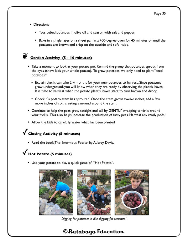 Some text and three photos that show two small boys harvesting potatoes.