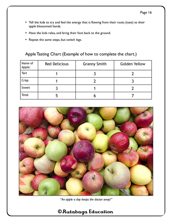 A photo of a page within a book that shows the organization of a lesson plan within the book. This lesson is about Apple Tasting and Charting.