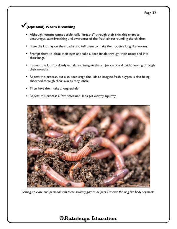 A photo of a page within a book that shows the organization of a lesson plan within the book. This lesson is about Worms and their role in decomposition.