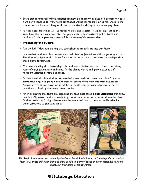 Text and then one photo with heirloom seed packets and another photo that shows a suitcase full of heirloom seeds.