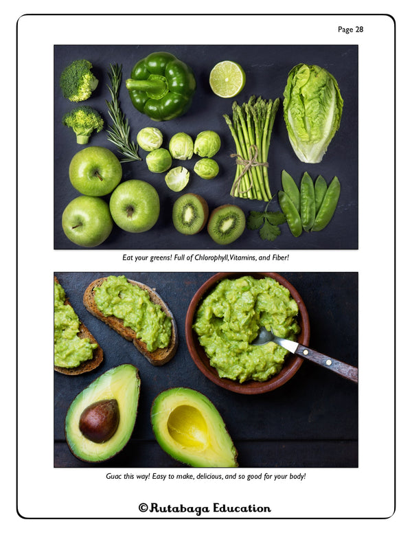 Two photos. One that shows a variety of green fruits and vegetables. The other photo shows an avocado cut in a half and a bowl of mashed avocado.