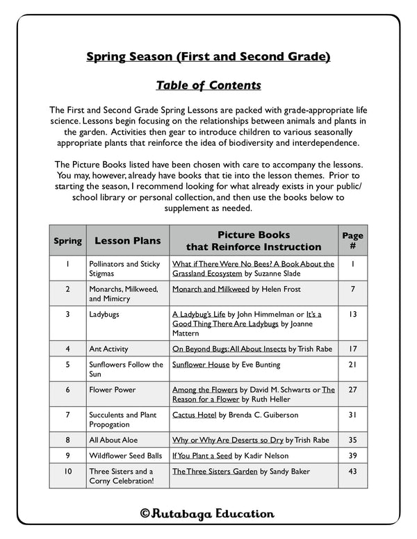 An image that shows the table of the contents of the spring season Rutabaga Education Curriculum book for First and Second Grade.