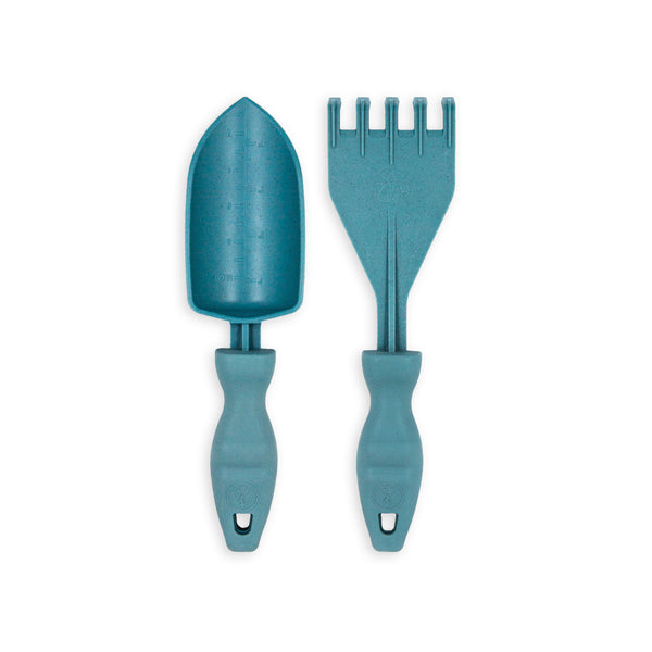 Blue colored Rutabaga Garden Tool Trowel and Hand Rake on a white background.